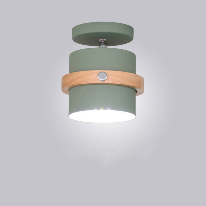 Contemporary Nordic Round Cylinder Iron Solid Wood 1-Light Semi-Flush Mount Ceiling Light For Hallway Lumendat