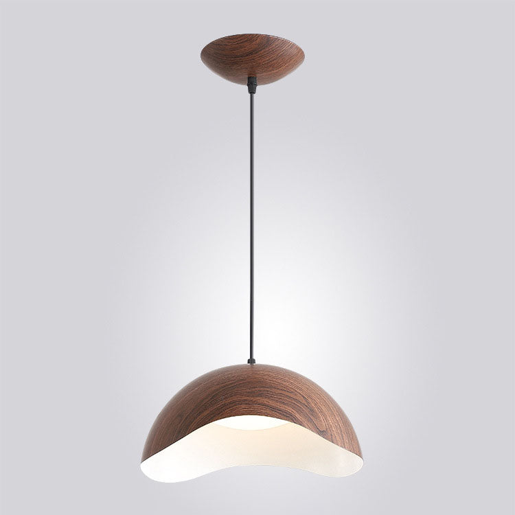 Contemporary Scandinavian Wood Grain Iron Dome Wave LED Pendant Light for Dining Room