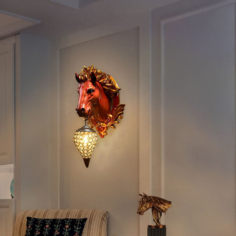 Modern Eclectic Resin Horse Head Decor Crystal Round Shade 1-Light Wall Sconce Lamp For Living Room Lumendat