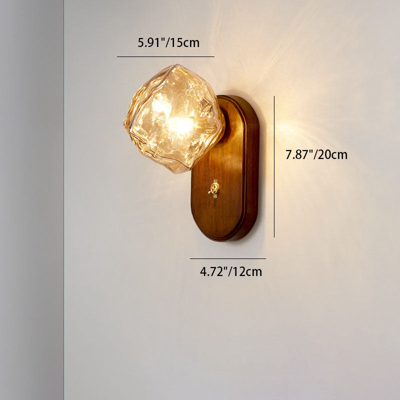 Traditional Japanese Oval Ice Cube Shape Solid Wood Glass 1-Light Wall Sconce Lamp For Bedroom Lumendat