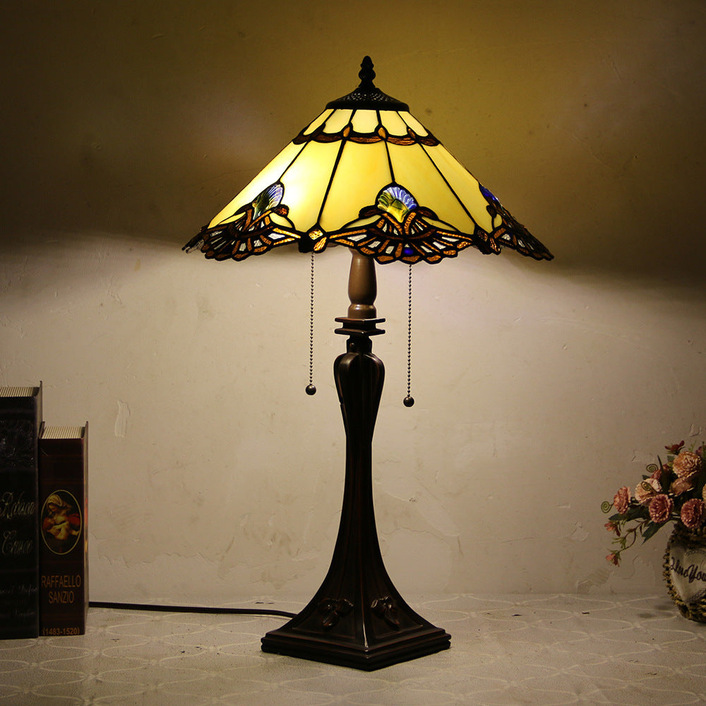 Tiffany Mediterranean Stained Glass Cone Pull Cord 2-Light Table Lamp Lumendat