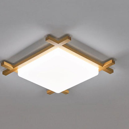 Traditional Japanese Wood Acrylic Square Tatami LED Flush Mount Ceiling Light for Bedroom