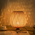 Traditional Chinese Moso Bamboo Wood Iron Weaving Oval Round 1-Light Table Lamp For Bedroom Lumendat
