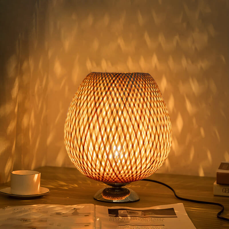 Traditional Chinese Moso Bamboo Wood Iron Weaving Oval Round 1-Light Table Lamp For Bedroom Lumendat