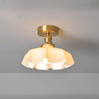 Japanese Vintage Cream Glass Floral Brass 1-Light Semi-Flush Mount Ceiling Light Lumendat