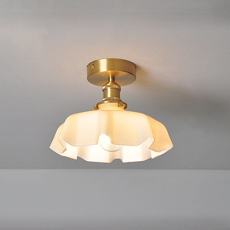 Japanese Vintage Cream Glass Floral Brass 1-Light Semi-Flush Mount Ceiling Light Lumendat