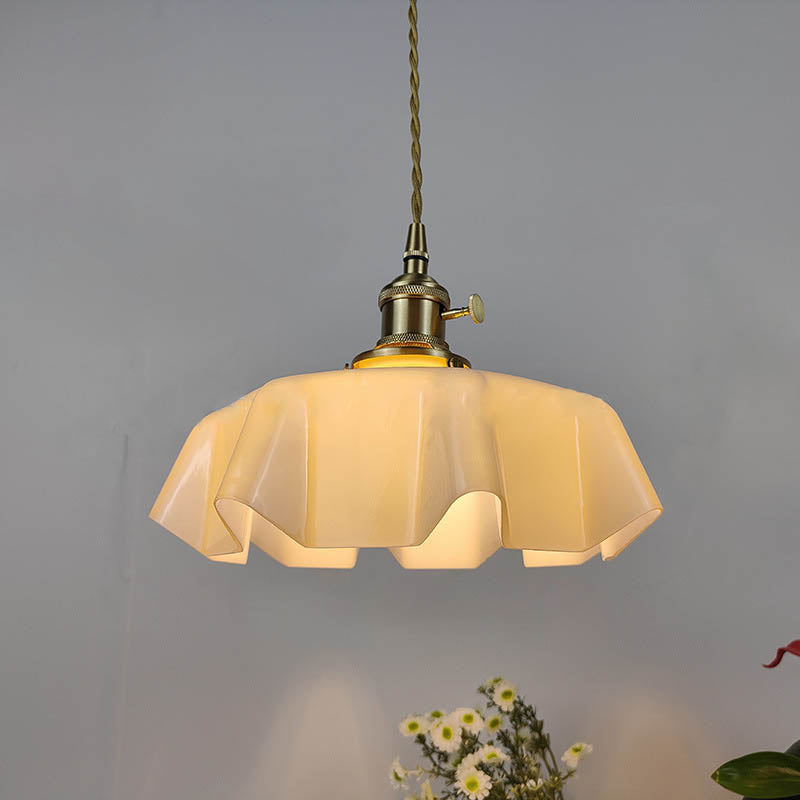 Traditional Japanese Cream Petal Glass Iron 1-Light Pendant Light For Dining Room