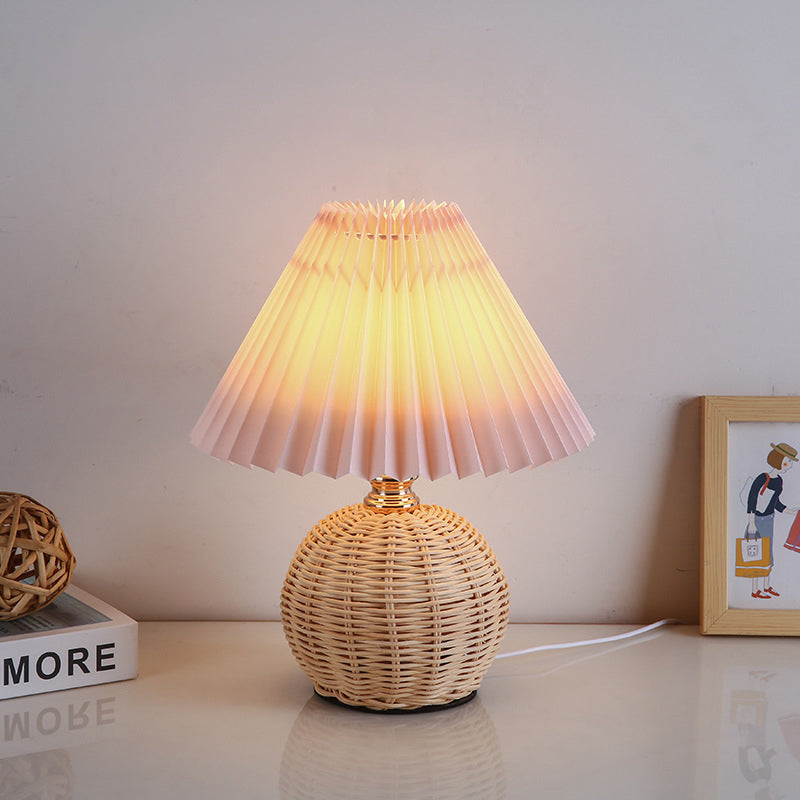 Contemporary Nordic Rattan Fabric Pleated Conic Ball LED Table Lamp For Bedroom Lumendat