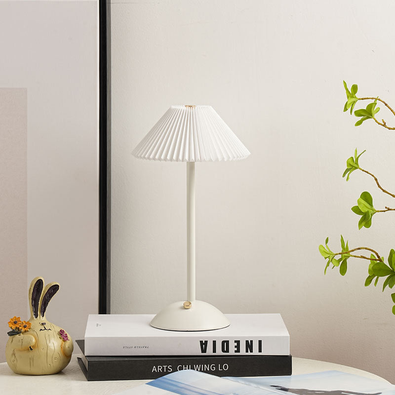Contemporary Scandinavian Rechargeable Iron Fabric Conic Pleated 1-Light Table Lamp For Bedside Lumendat