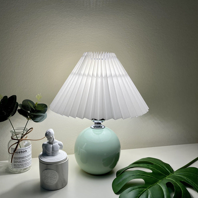 Modern Minimalist Round Fabric Pleated Ceramic 1-Light Table Lamp For Bedroom Lumendat