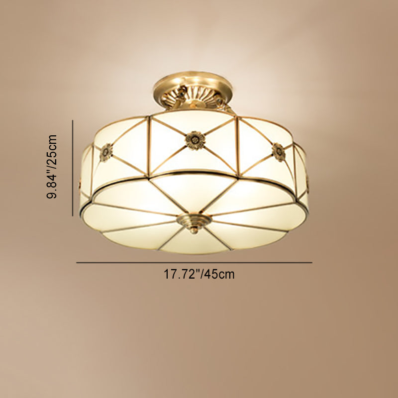 Traditional European Brass Glass Round Hand Carved 4/6 Light Semi-flush Mount Ceiling Light for Hallway