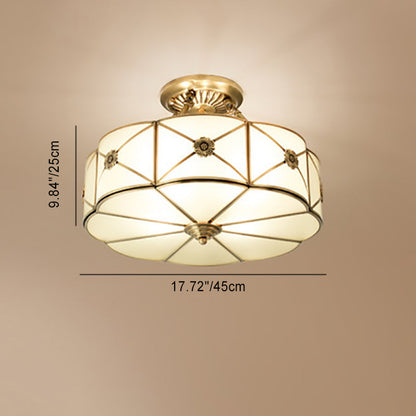 Traditional European Brass Glass Round Hand Carved 4/6 Light Semi-flush Mount Ceiling Light for Hallway