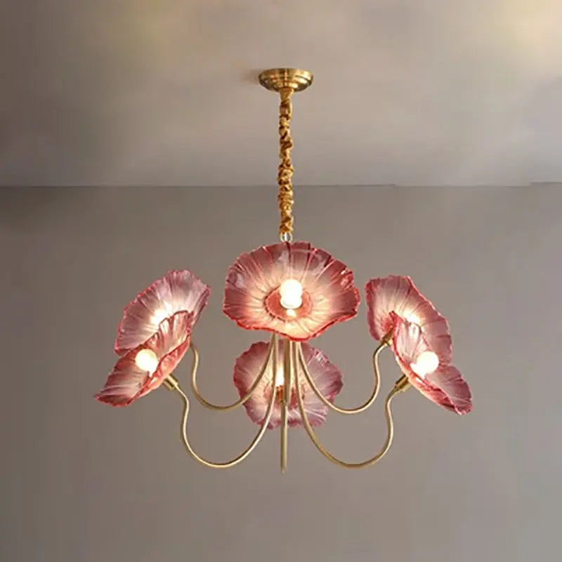 Modern Art Deco Gold Finish Frame Lotus Leaf Glass Shade 3/6-light Chandelier for Living Room Lumendat