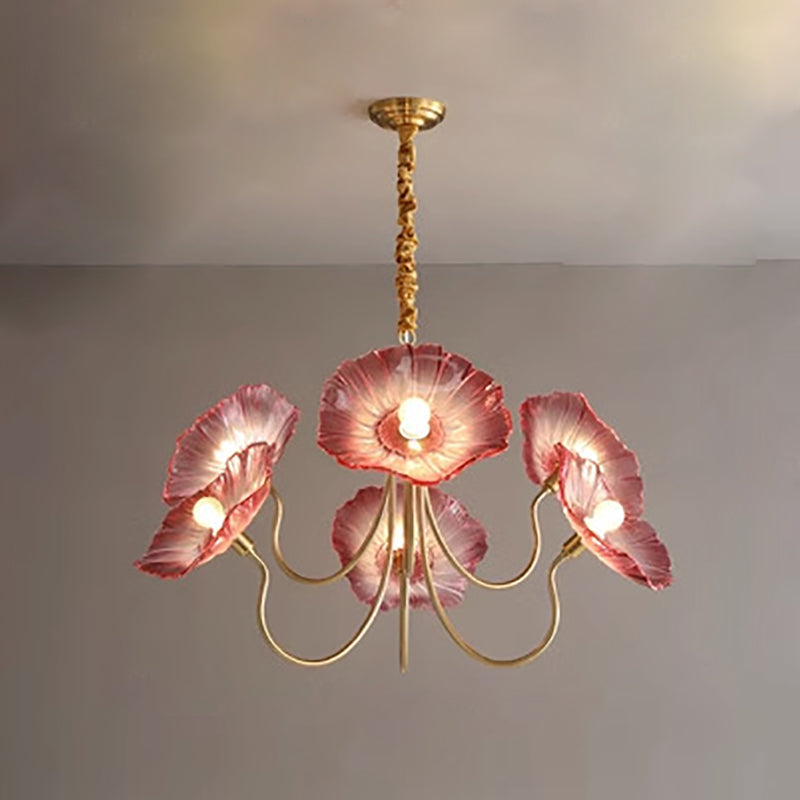 Modern Art Deco Gold Finish Frame Lotus Leaf Glass Shade 3/6-light Chandelier for Living Room