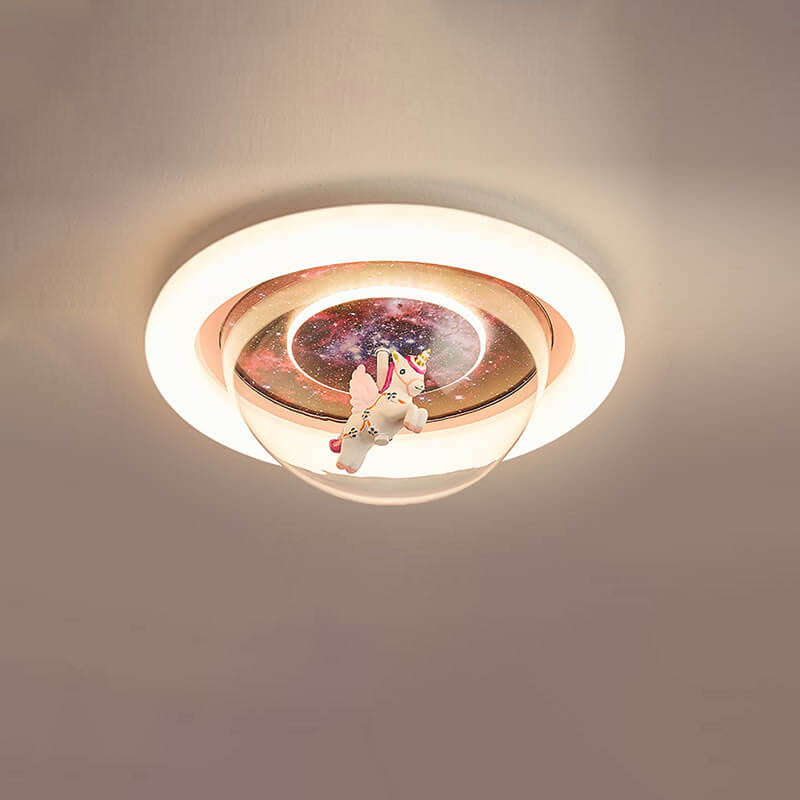 Lumendat Contemporary Creative Cartoon Pink Astronaut Unicorn Round Acrylic Resin LED Flush Mount Ceiling Light For Bedroom Lumendat