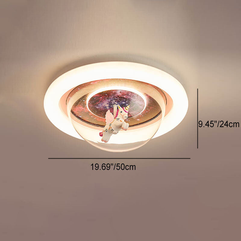 Lumendat Contemporary Creative Cartoon Pink Astronaut Unicorn Round Acrylic Resin LED Flush Mount Ceiling Light For Bedroom Lumendat