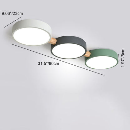 Contemporary Scandinavian Macaron Iron Geometric Round Shade Wood Splicing LED Flush Mount Ceiling Light for Bedroom