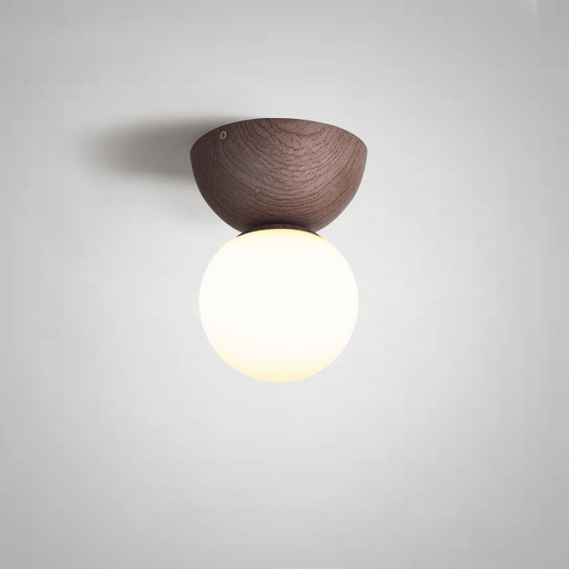 Japanese Minimalist Wood Grain Glass Round 1-Light Flush Mount Ceiling Light Lumendat
