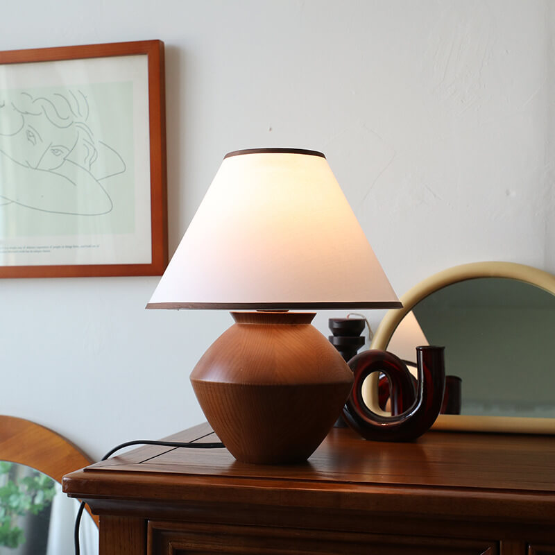 Japanese Wabi-sabi Vintage Solid Wood Fabric 1-Light Table Lamp Lumendat