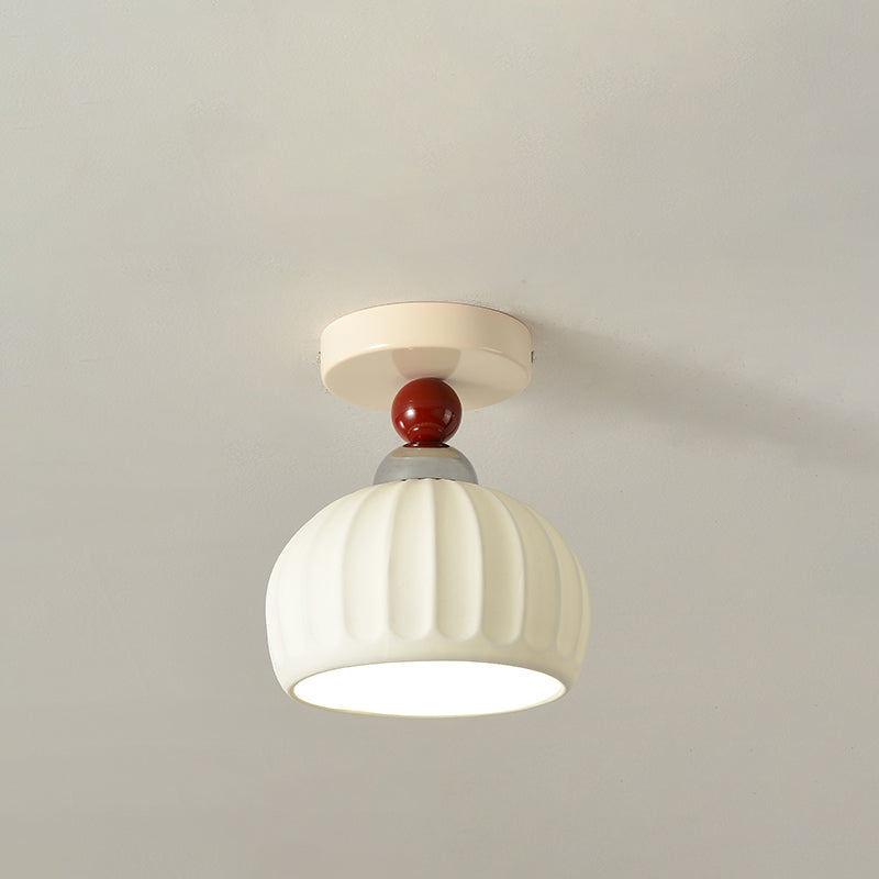 Contemporary Scandinavian Cream Ceramic Geometric Round Shade 1-Light Semi-Flush Mount Ceiling Light For Living Room