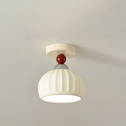 Contemporary Scandinavian Cream Ceramic Geometric Round Shade 1-Light Semi-Flush Mount Ceiling Light For Living Room