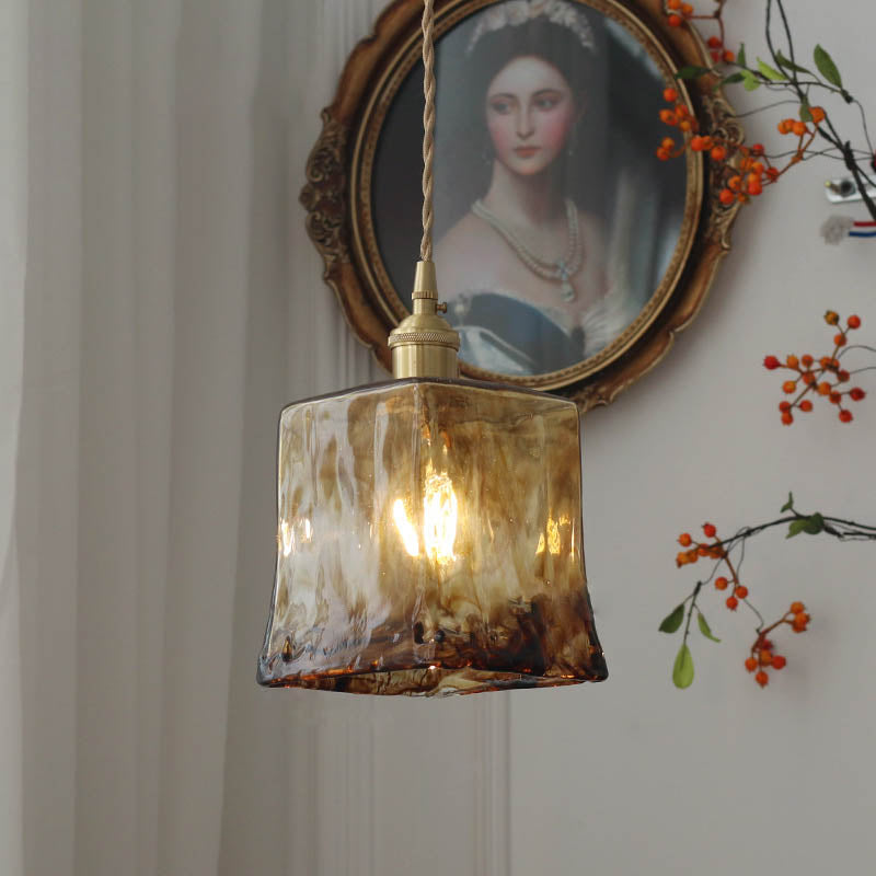 Modern Eclectic Amber Brass Glass Geometric Jar 1-light Pendant Light for Living Room BulbSquare