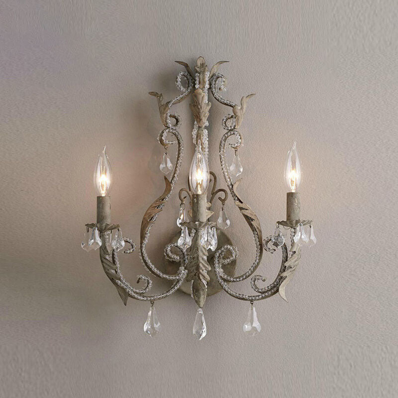 French Vintage Iron Crystal Hardware 3-Light Wall Sconce Lamp Lumendat