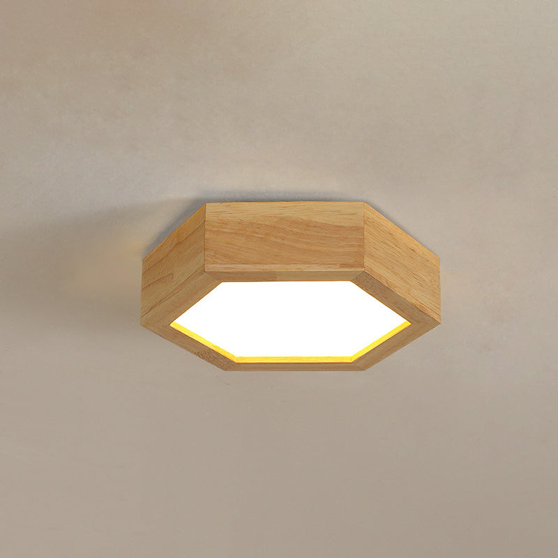 Traditional Japanese Hexagon Wood Acrylic LED Flush Mount Ceiling Light for Living Room