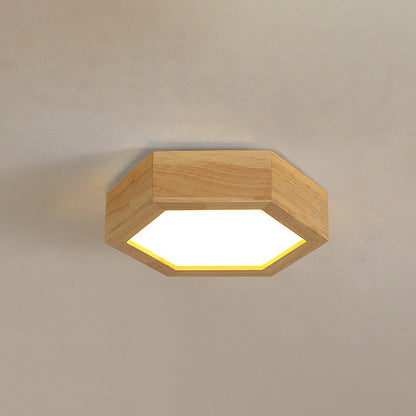 Traditional Japanese Hexagon Wood Acrylic LED Flush Mount Ceiling Light for Living Room