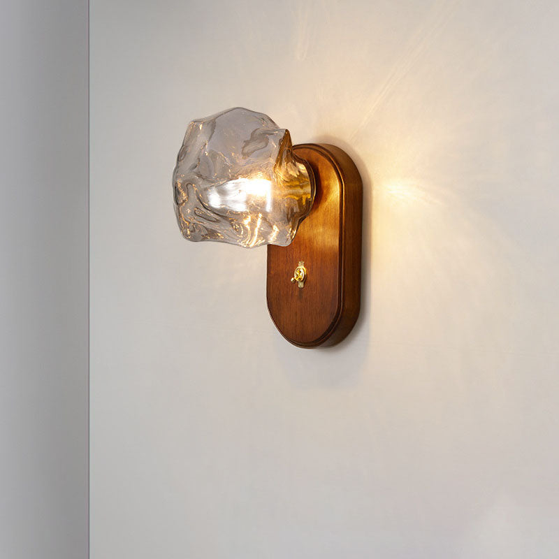 Traditional Japanese Oval Ice Cube Shape Solid Wood Glass 1-Light Wall Sconce Lamp For Bedroom Lumendat