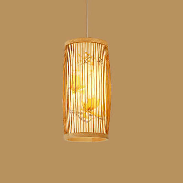 Modern Chinese Cylinder Waist Drum Bamboo Weaving 1-light Pendant Light