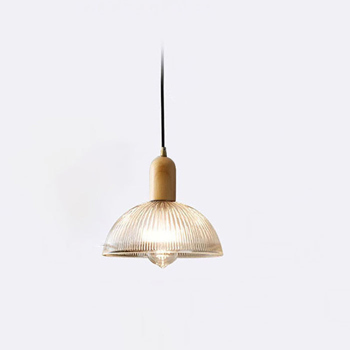 Traditional Vintage Round Bowl Solid Wood Dome Glass 1-light Pendant Light for Living Room