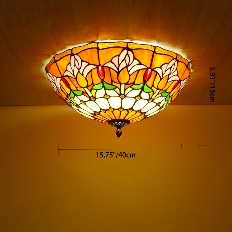 Traditional Tiffany Tulip Stained Glass Iron Dome 2/3-light Flush Mount Ceiling Light for Living Room