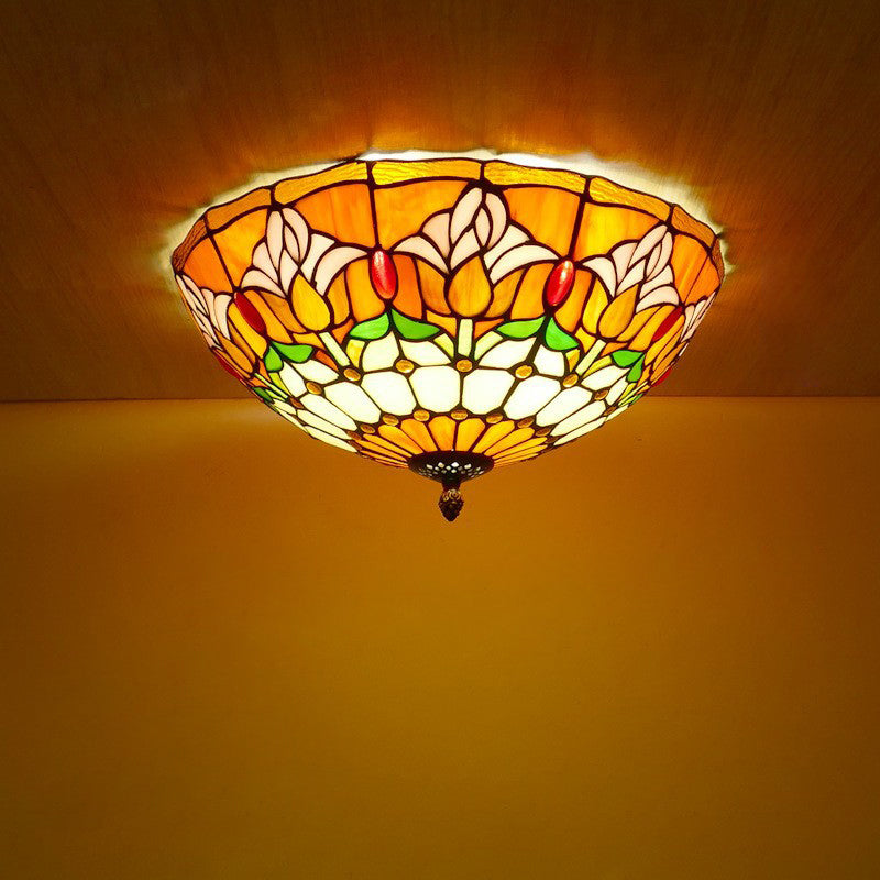 Traditional Tiffany Tulip Stained Glass Iron Dome 2/3-light Flush Mount Ceiling Light for Living Room