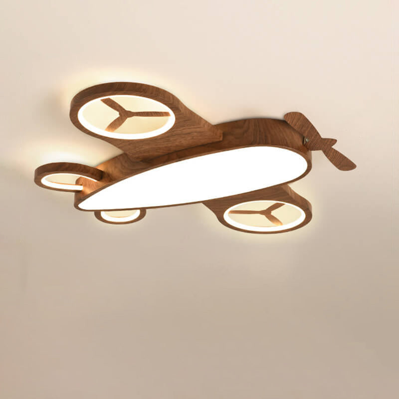 Cartoon Creative Wood Grain Aircraft LED Kids Flush Mount Ceiling Light BulbSquare