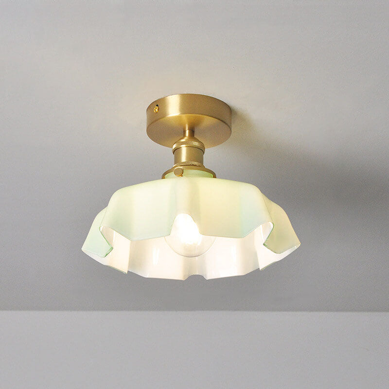 Japanese Vintage Cream Glass Floral Brass 1-Light Semi-Flush Mount Ceiling Light Lumendat