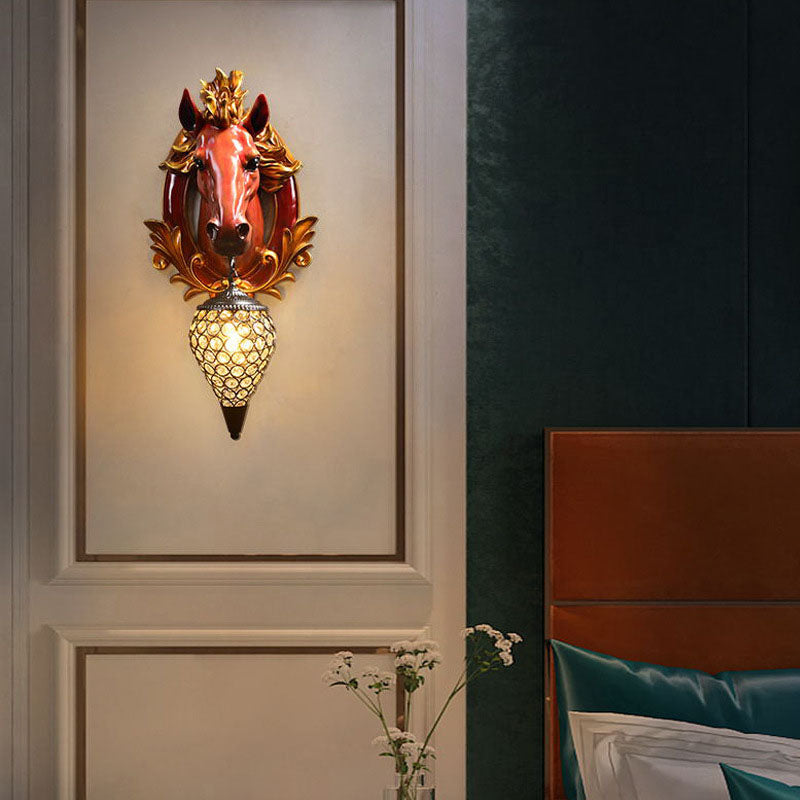 Modern Eclectic Resin Horse Head Decor Crystal Round Shade 1-Light Wall Sconce Lamp For Living Room Lumendat
