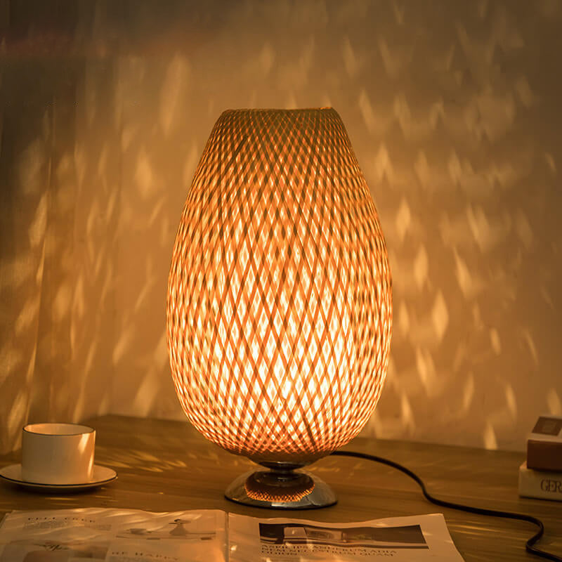 Traditional Chinese Moso Bamboo Wood Iron Weaving Oval Round 1-Light Table Lamp For Bedroom Lumendat