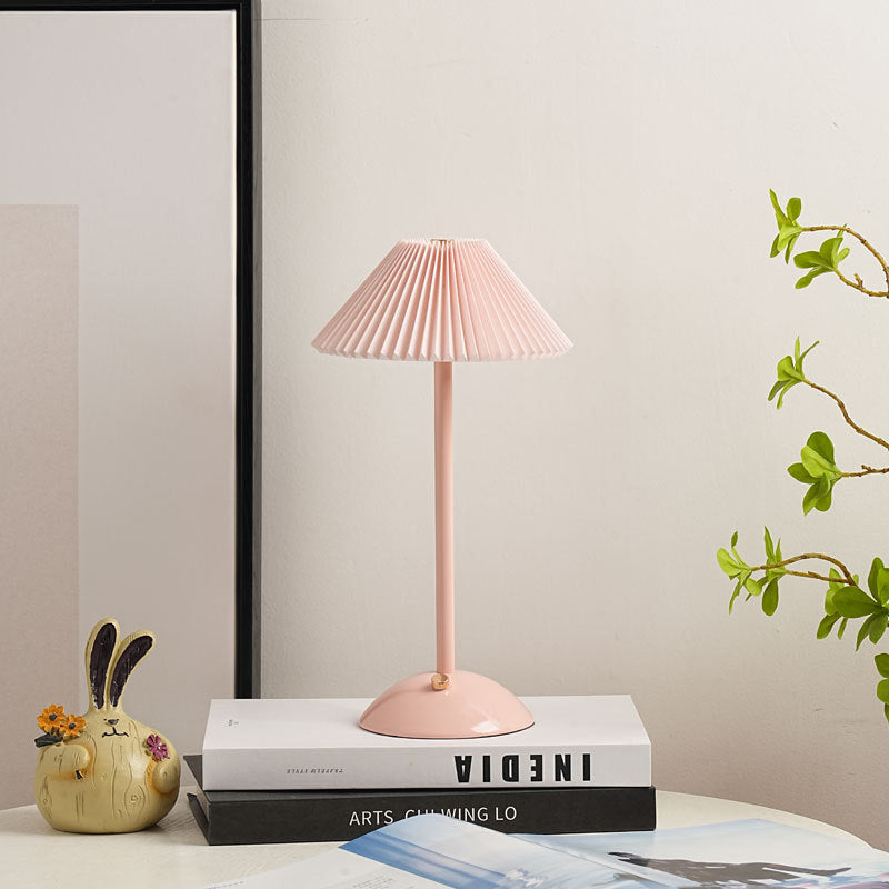 Contemporary Scandinavian Rechargeable Iron Fabric Conic Pleated 1-Light Table Lamp For Bedside Lumendat