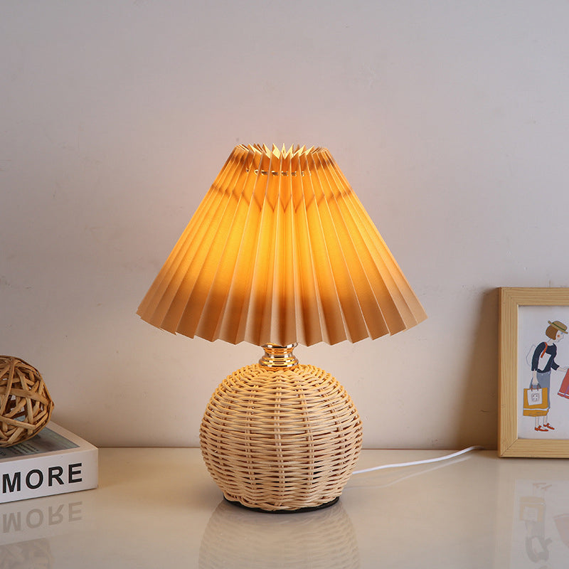 Contemporary Nordic Rattan Fabric Pleated Conic Ball LED Table Lamp For Bedroom Lumendat