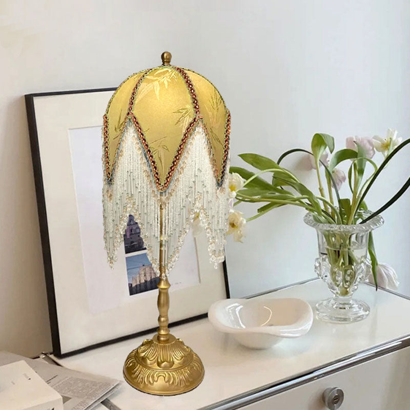Traditional French Tassel Leaf Iron Fabric 1-Light Table Lamp For Bedroom Lumendat