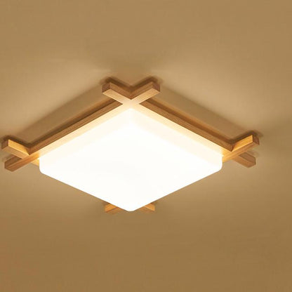 Traditional Japanese Wood Acrylic Square Tatami LED Flush Mount Ceiling Light for Bedroom