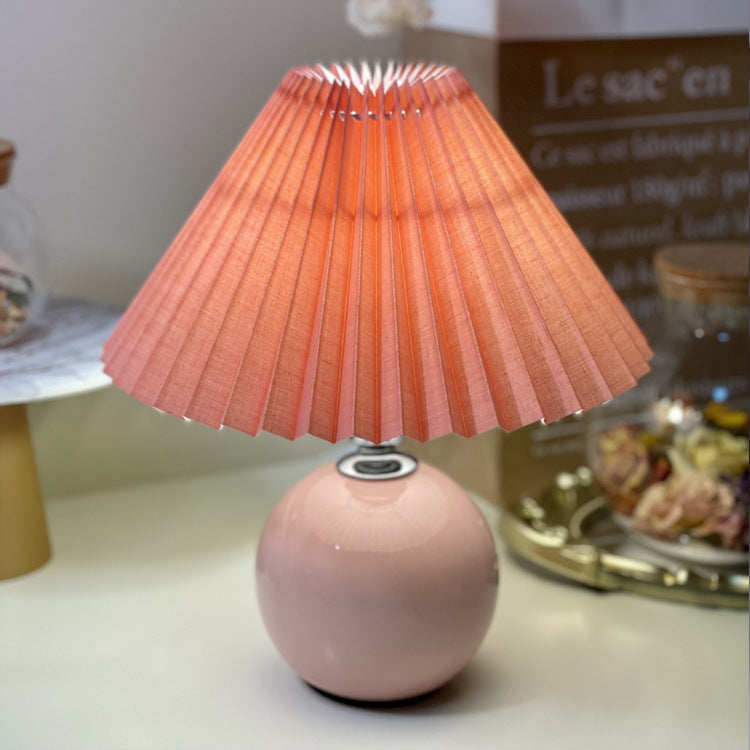 Modern Minimalist Round Fabric Pleated Ceramic 1-Light Table Lamp For Bedroom Lumendat