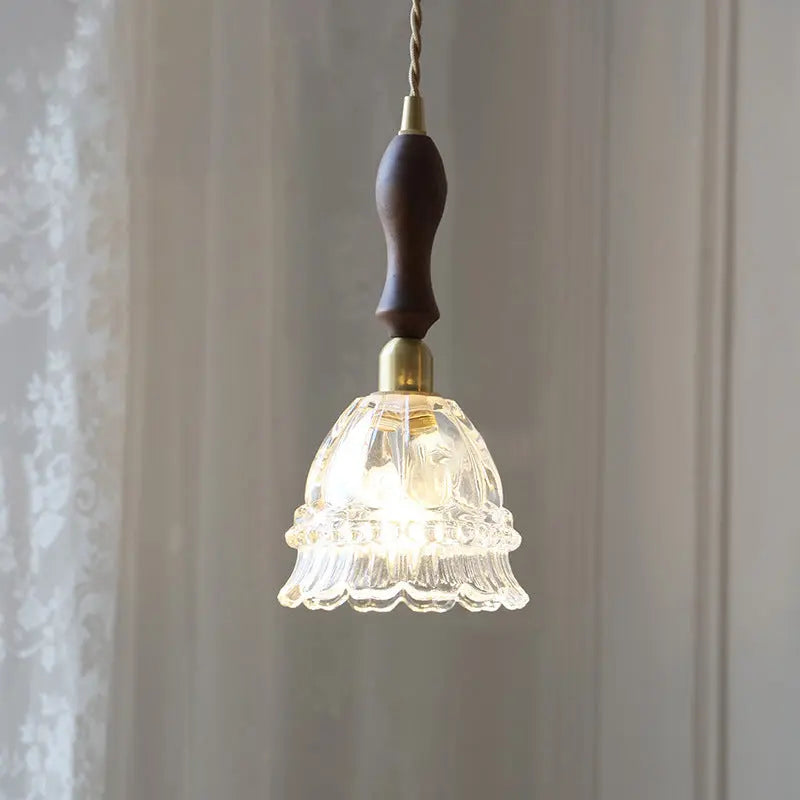 Traditional French Pastoral Walnut Jellyfish Glass Shade 1-light Pendant Light for Living Room Lumendat