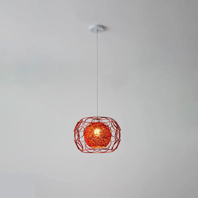 Modern Minimalist Weaving Hemp Ball Iron Drum 1-light Pendant Light for Living Room BulbSquare
