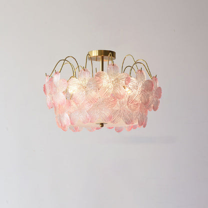 Traditional French Flower Iron Glass 5/6 Light Semi-Flush Mount Ceiling Light For Bedroom