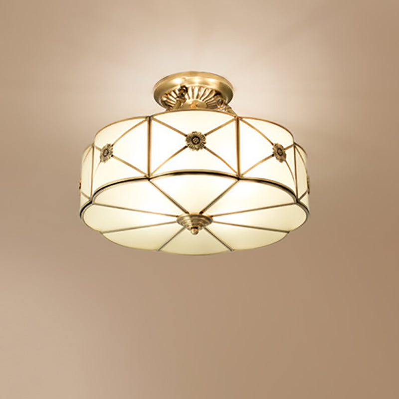 Traditional European Brass Glass Round Hand Carved 4/6 Light Semi-flush Mount Ceiling Light for Hallway