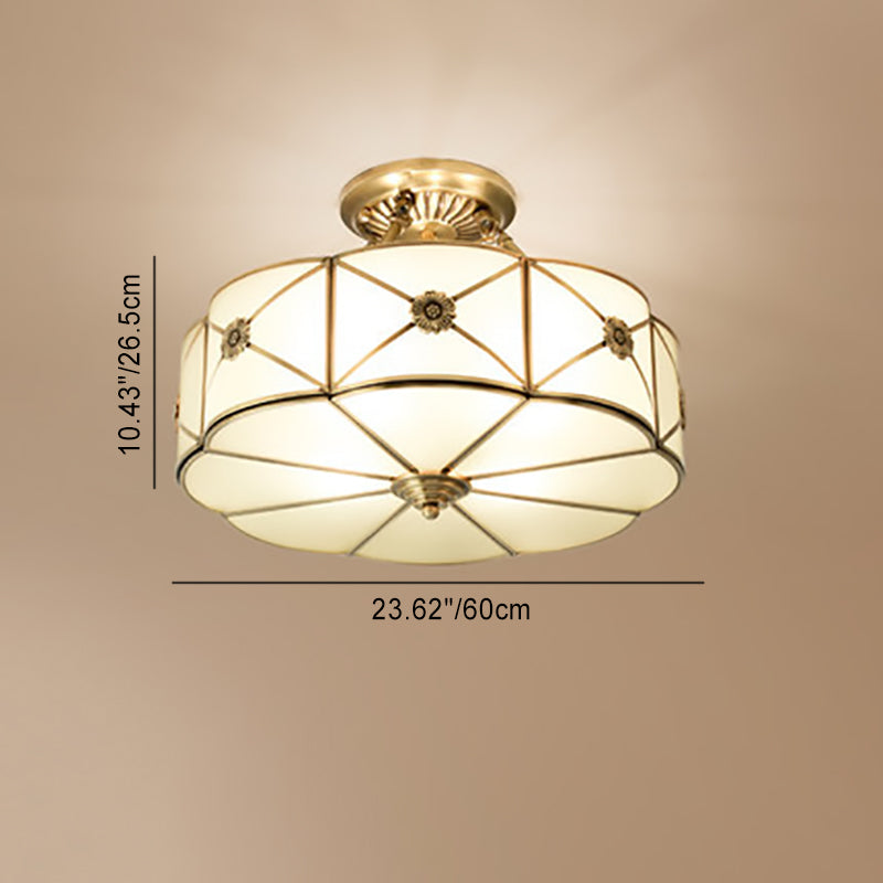 Traditional European Brass Glass Round Hand Carved 4/6 Light Semi-flush Mount Ceiling Light for Hallway