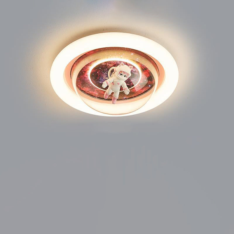 Contemporary Creative Cartoon Planet Resin Astronaut Acrylic Round Shade LED Kids Flush Mount Ceiling Light for Bedroom