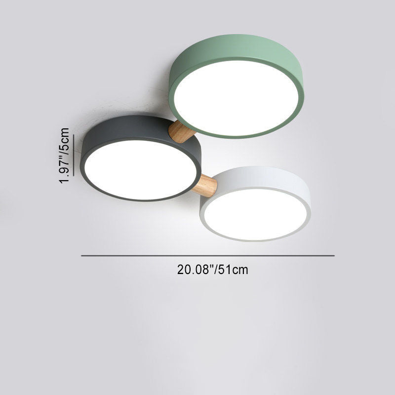 Contemporary Scandinavian Macaron Iron Geometric Round Shade Wood Splicing LED Flush Mount Ceiling Light for Bedroom